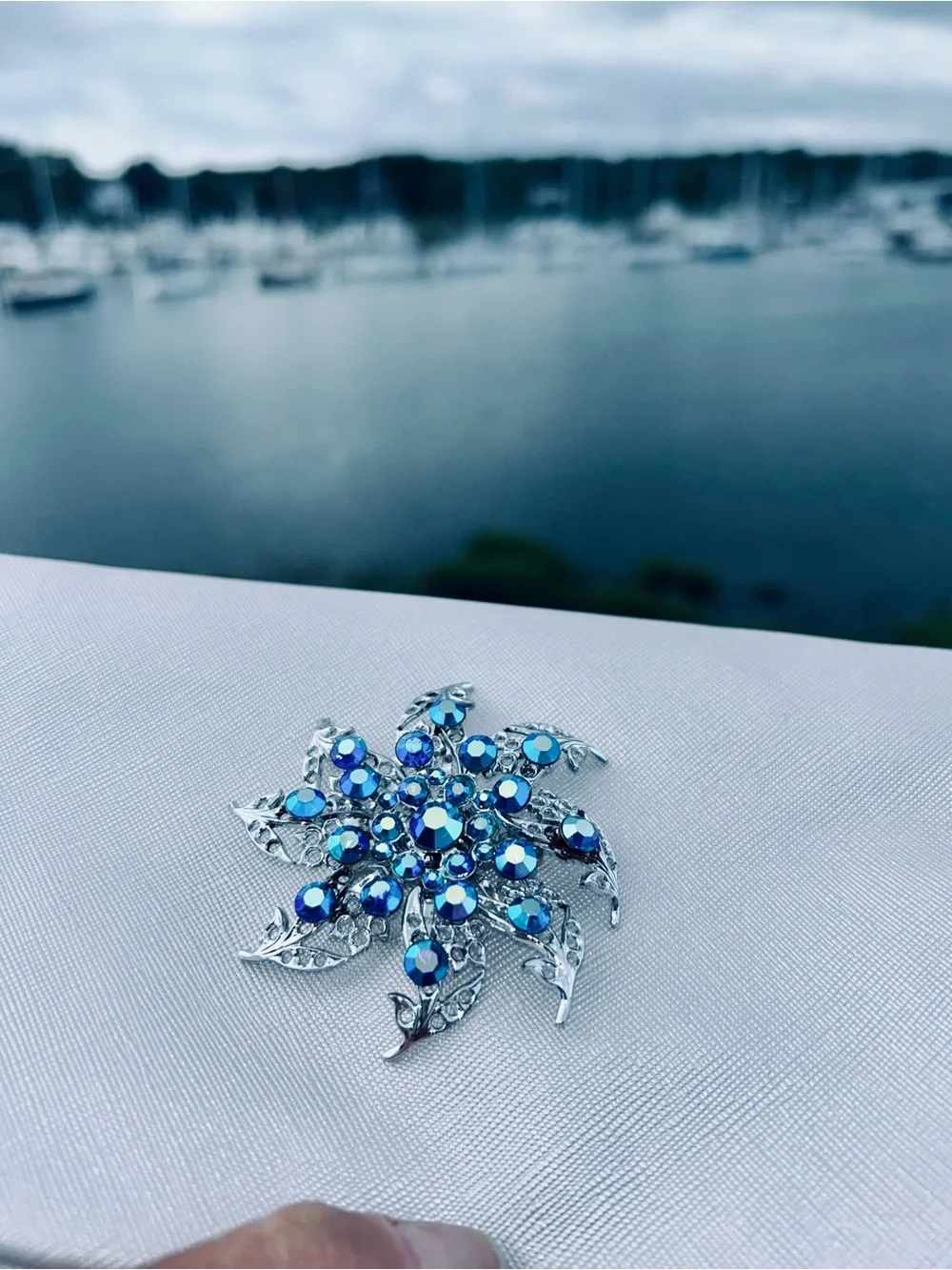 Stunning Silver Floral Brooch with Blue Crystal Accents - Women Jewelry